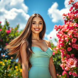 A stunningly attractive young woman with long flowing brunette hair, wearing a stylish and form-fitting summer dress