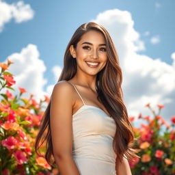 A stunningly attractive young woman with long flowing brunette hair, wearing a stylish and form-fitting summer dress