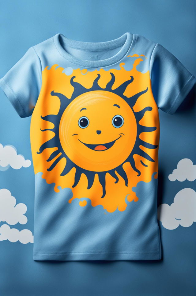 A high-quality digital art design of a baby's graphic tee in sky blue, featuring a radiant, cartoon-style sun with a wide smile and twinkling eyes