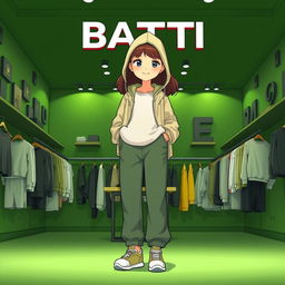 A large, beautiful cartoon model wearing loose basic pants with a hooded sweater featuring a hood, a light jacket, and sporty shoes