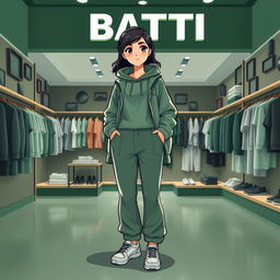 A large, beautiful cartoon model wearing loose basic pants with a hooded sweater featuring a hood, a light jacket, and sporty shoes