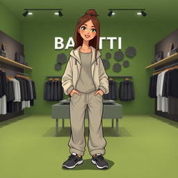 A large, beautiful cartoon model wearing loose basic pants with a hooded sweater featuring a hood, a light jacket, and sporty shoes