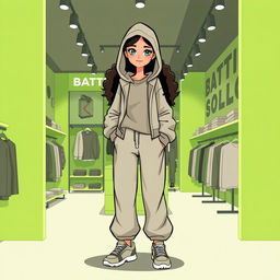 A large, beautiful cartoon model wearing loose basic pants with a hooded sweater featuring a hood, a light jacket, and sporty shoes