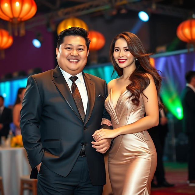 A lively and charming scene featuring a chubby Chinese man in a well-fitted black suit, holding hands with a beautiful woman