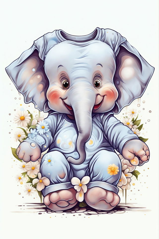 A high-quality digital art design of a baby's graphic tee in baby blue, featuring a cartoon-style 'Jumbo the Elephant' in warm gray