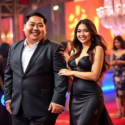 A lively and charming scene featuring a chubby Chinese man in a well-fitted black suit, holding hands with a beautiful woman