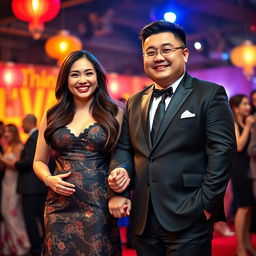 A lively and charming scene featuring a chubby Chinese man in a well-fitted black suit, holding hands with a beautiful woman