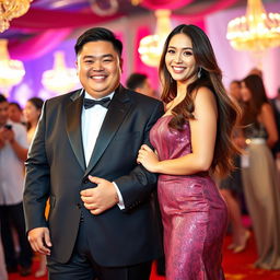 A lively and charming scene featuring a chubby Chinese man in a well-fitted black suit, holding hands with a beautiful woman