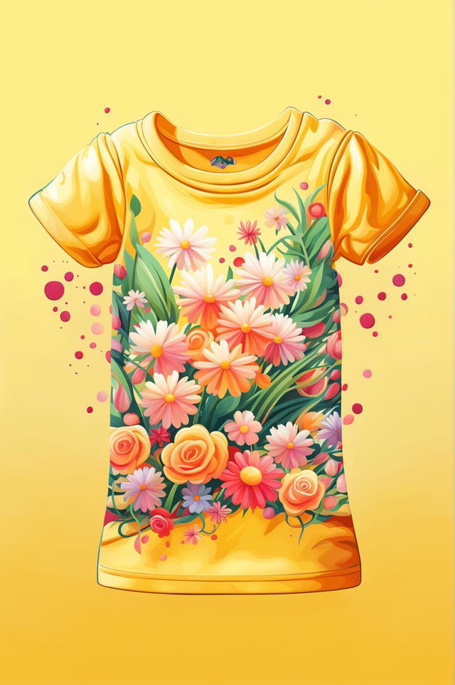 A high-quality digital art design of a baby's graphic tee in pastel yellow, featuring a vibrant array of flowers in shades of pink, red, and purple