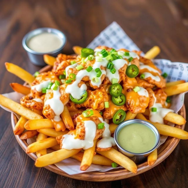 A mouth-watering plate of chicken loaded fries, featuring crispy golden fries generously topped with grilled chicken pieces, melted cheese, tangy ranch dressing, spicy jalapeños, and a sprinkle of fresh green onions