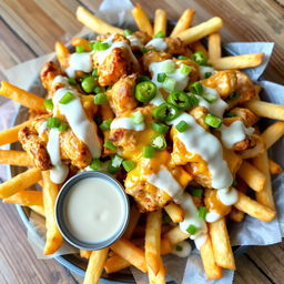 A mouth-watering plate of chicken loaded fries, featuring crispy golden fries generously topped with grilled chicken pieces, melted cheese, tangy ranch dressing, spicy jalapeños, and a sprinkle of fresh green onions