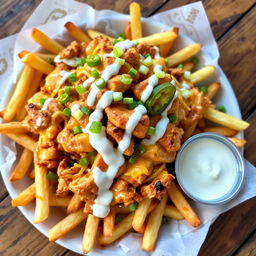A mouth-watering plate of chicken loaded fries, featuring crispy golden fries generously topped with grilled chicken pieces, melted cheese, tangy ranch dressing, spicy jalapeños, and a sprinkle of fresh green onions