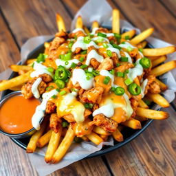 A mouth-watering plate of chicken loaded fries, featuring crispy golden fries generously topped with grilled chicken pieces, melted cheese, tangy ranch dressing, spicy jalapeños, and a sprinkle of fresh green onions