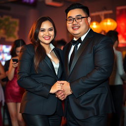 A charming scene featuring a chubby Chinese man in a well-fitted black suit, holding hands with a beautiful woman
