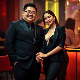 A charming scene featuring a chubby Chinese man in a well-fitted black suit, holding hands with a beautiful woman