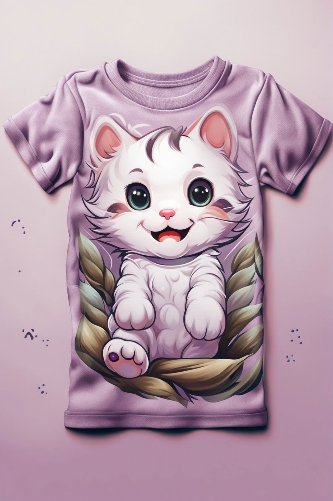 A high-quality digital art design of a baby's graphic tee in pastel lavender, featuring a charming, cartoon-style kitten in fluffy white surrounded by small, white paw prints