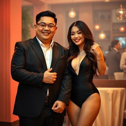 A charming scene featuring a chubby Chinese man in a well-fitted black suit, holding hands with a beautiful woman