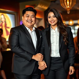 A charming scene featuring a chubby Chinese man in a well-fitted black suit, holding hands with a beautiful woman