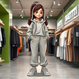 A beautiful, large cartoon model wearing loose basic pants, a hoodie with a hood, a light jacket, and sneakers