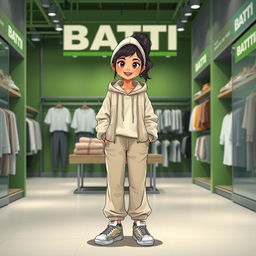 A beautiful, large cartoon model wearing loose basic pants, a hoodie with a hood, a light jacket, and sneakers