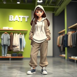 A beautiful, large cartoon model wearing loose basic pants, a hoodie with a hood, a light jacket, and sneakers