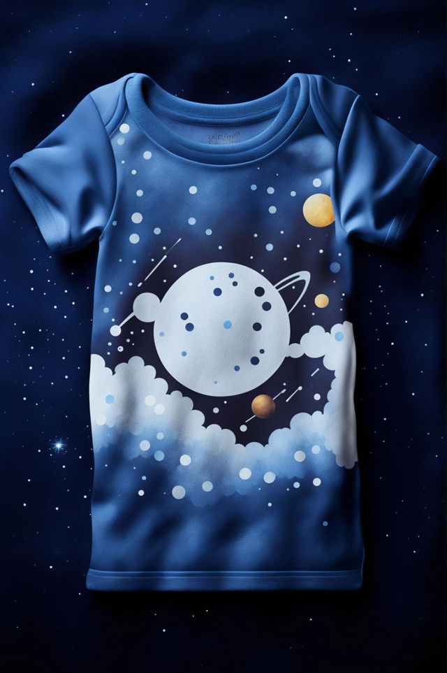 A high-quality digital art design of a baby's graphic tee in midnight blue, featuring a vibrant depiction of outer space with a crescent moon, twinkling stars, and distant planets