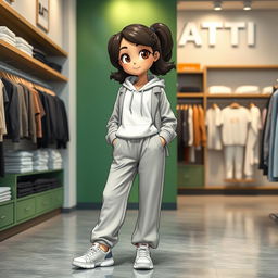 A beautiful, large cartoon model wearing loose basic pants, a hoodie with a hood, a light jacket, and sneakers