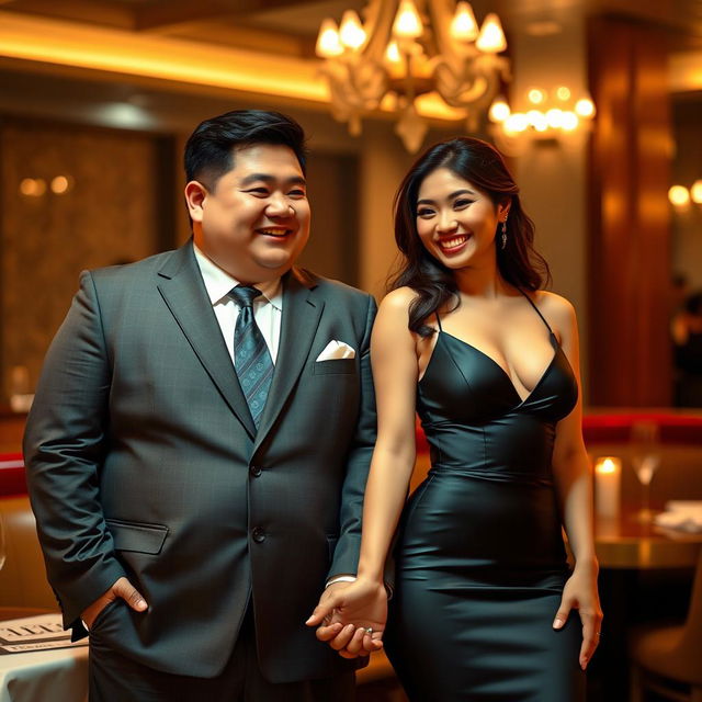 A delightful scene portraying a chubby Chinese man in a well-tailored suit, holding hands with a beautiful woman