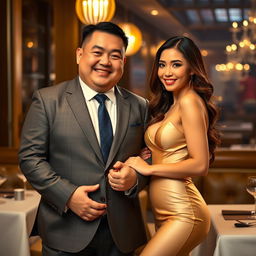 A delightful scene portraying a chubby Chinese man in a well-tailored suit, holding hands with a beautiful woman