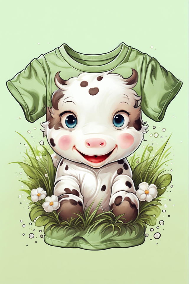 A high-quality digital art design of a baby's graphic tee in pastel green, featuring a cute, cartoon-style cow in creamy white with black spots surrounded by small, white flowers and grass blades