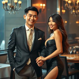 An elegant scene depicting a Chinese man in a sharp, tailored suit, holding hands with a beautiful woman