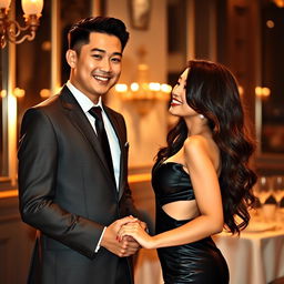 An elegant scene depicting a Chinese man in a sharp, tailored suit, holding hands with a beautiful woman