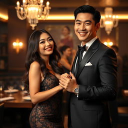 An elegant scene depicting a Chinese man in a sharp, tailored suit, holding hands with a beautiful woman