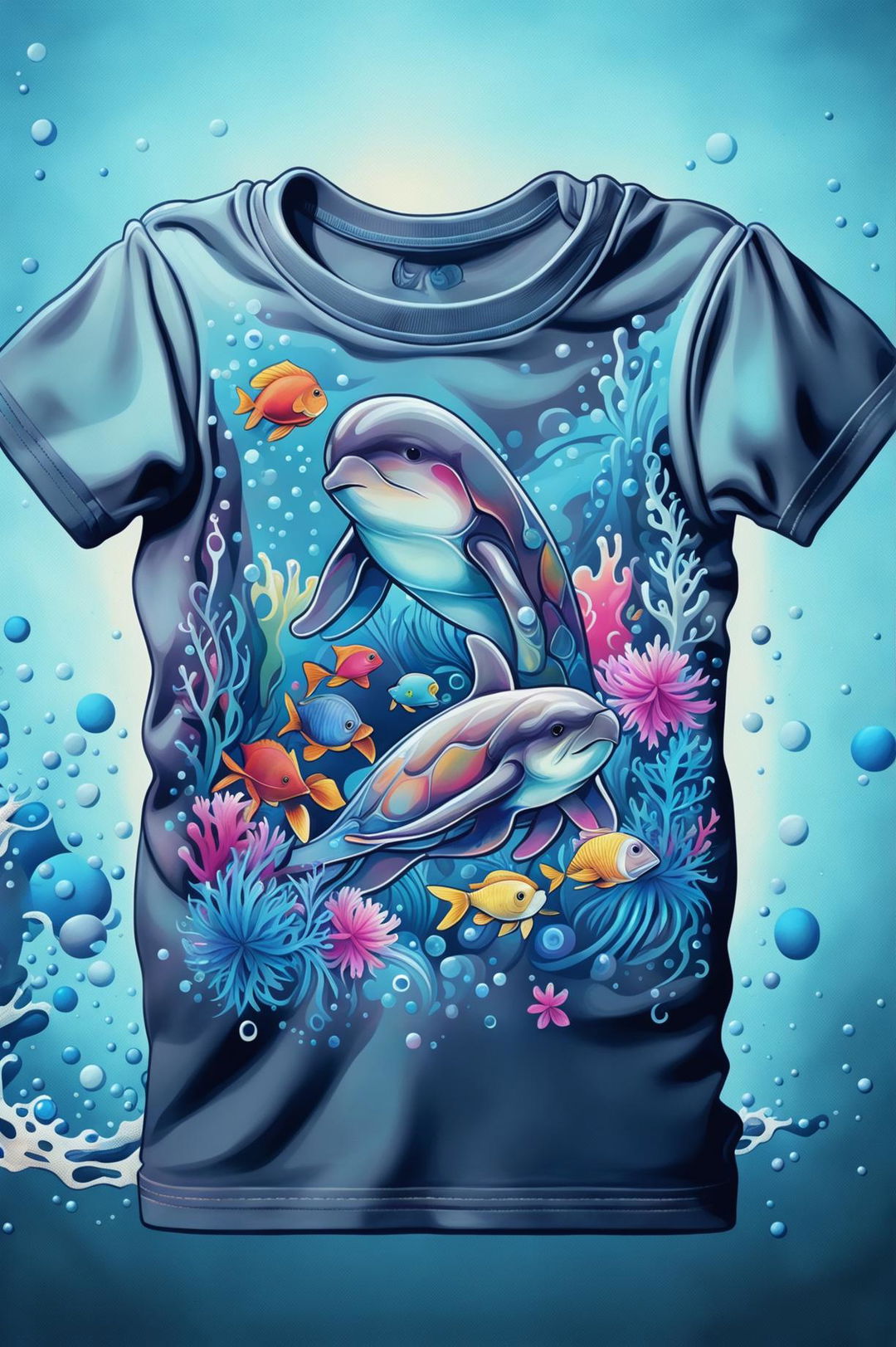 A high-quality digital art design of a baby's graphic tee in a gradient of blues, featuring a vibrant depiction of sea creatures including dolphins, tropical fish, and a sea turtle