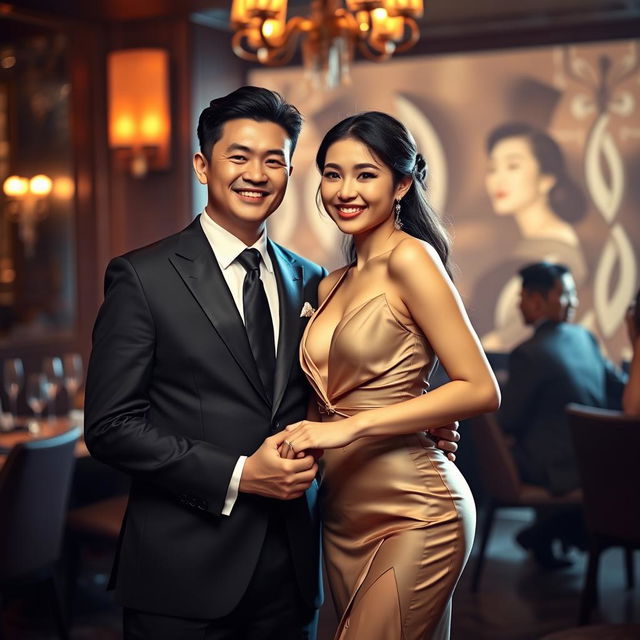 An elegant scene depicting a Chinese man in a sharp, tailored suit, holding hands with a beautiful woman