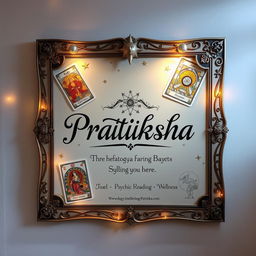 An artistic representation of a decorative board featuring elements of astrology, tarot cards, psychic reading, and wellness