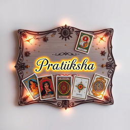 An artistic representation of a decorative board featuring elements of astrology, tarot cards, psychic reading, and wellness