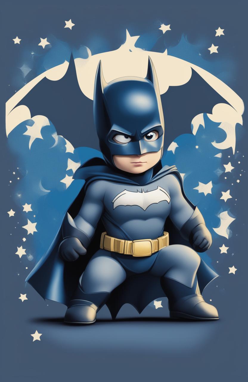 A high-quality digital art design of a baby's graphic tee in midnight blue, featuring the iconic Batman logo surrounded by small, white stars