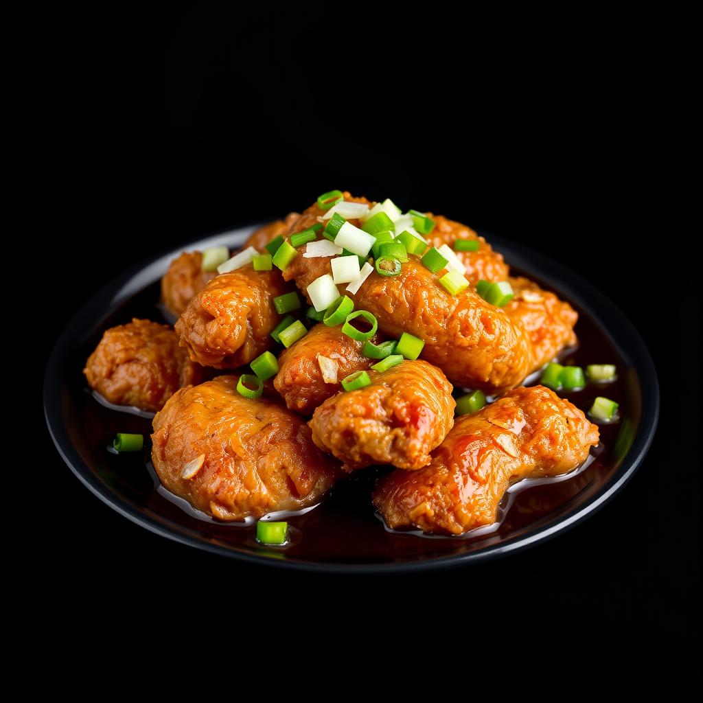 A mouth-watering plate of smoking fried chicken submerged in a thick, glossy dark brown sauce, topped with vibrant green onions and finely chopped garlic