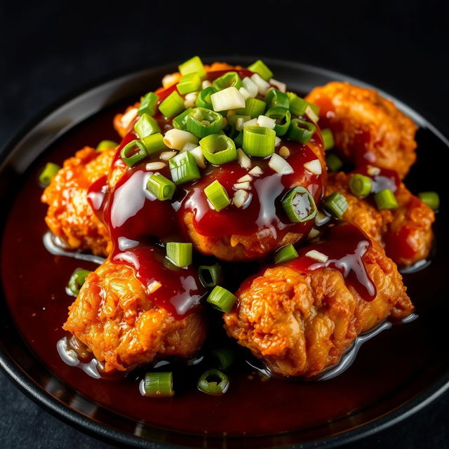 A mouth-watering plate of smoking fried chicken submerged in a thick, glossy dark brown sauce, topped with vibrant green onions and finely chopped garlic