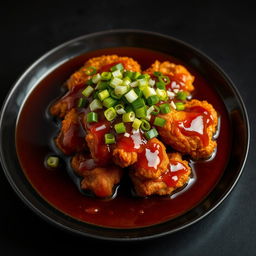 A mouth-watering plate of smoking fried chicken submerged in a thick, glossy dark brown sauce, topped with vibrant green onions and finely chopped garlic