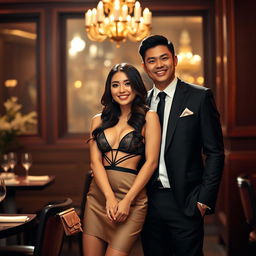 An elegant scene depicting a Chinese man in a sharp suit, holding hands with a stunning woman