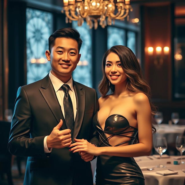 An elegant scene depicting a Chinese man in a sharp suit, holding hands with a stunning woman