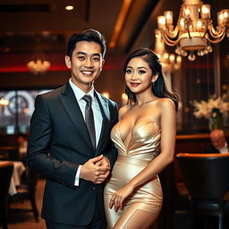 An elegant scene depicting a Chinese man in a sharp suit, holding hands with a stunning woman