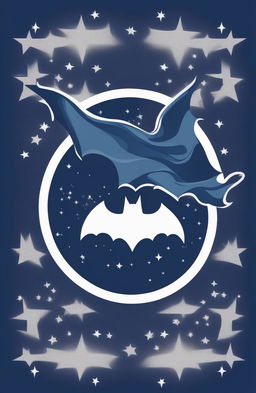 A high-quality digital art design of a baby's graphic tee in midnight blue, featuring the iconic Batman logo surrounded by small, white stars