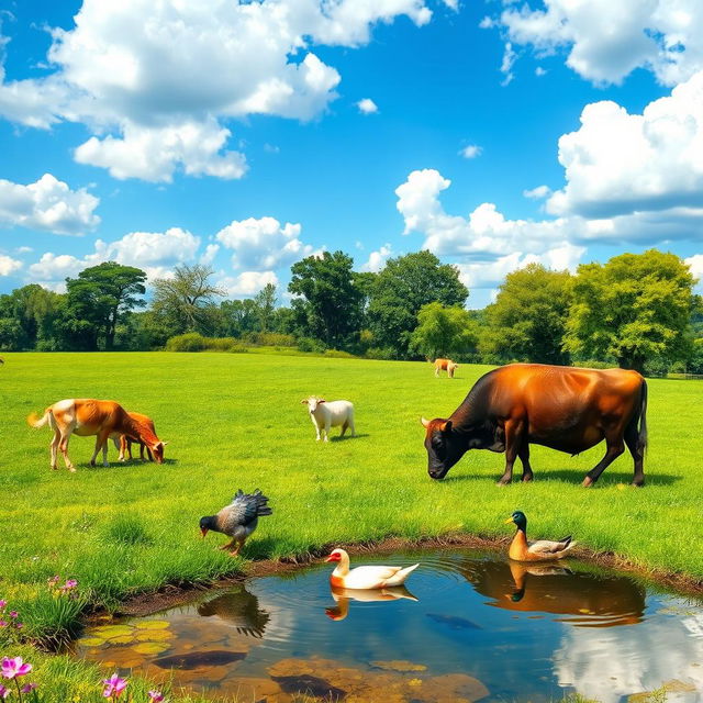 A peaceful countryside setting featuring a lush green grassy field and a clear pond