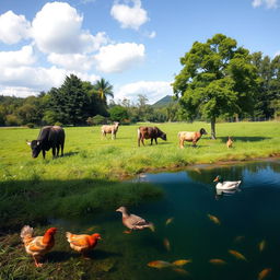 A peaceful countryside setting featuring a lush green grassy field and a clear pond