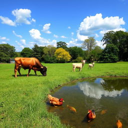 A peaceful countryside setting featuring a lush green grassy field and a clear pond