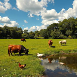 A peaceful countryside setting featuring a lush green grassy field and a clear pond