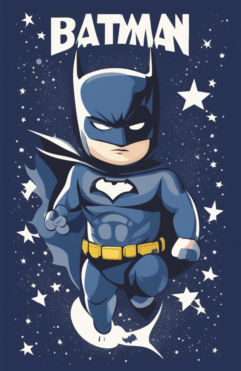 A high-quality digital art design of a baby's graphic tee in midnight blue, featuring the iconic Batman logo surrounded by small, white stars